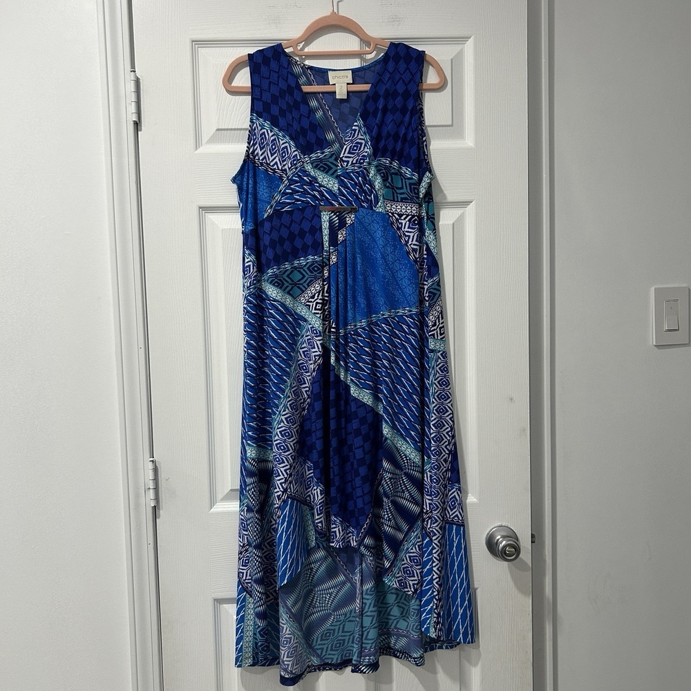 Chico's Women's Size 2 Sleeveless High Low Midi Dress Blue Geometric Pattern EUC